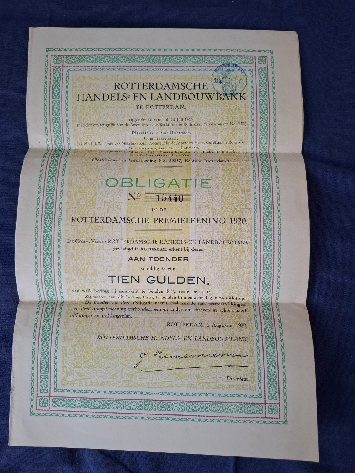 Rotterdamse Handels- en Landbouwbank Obligatie 1920, Verzenden
