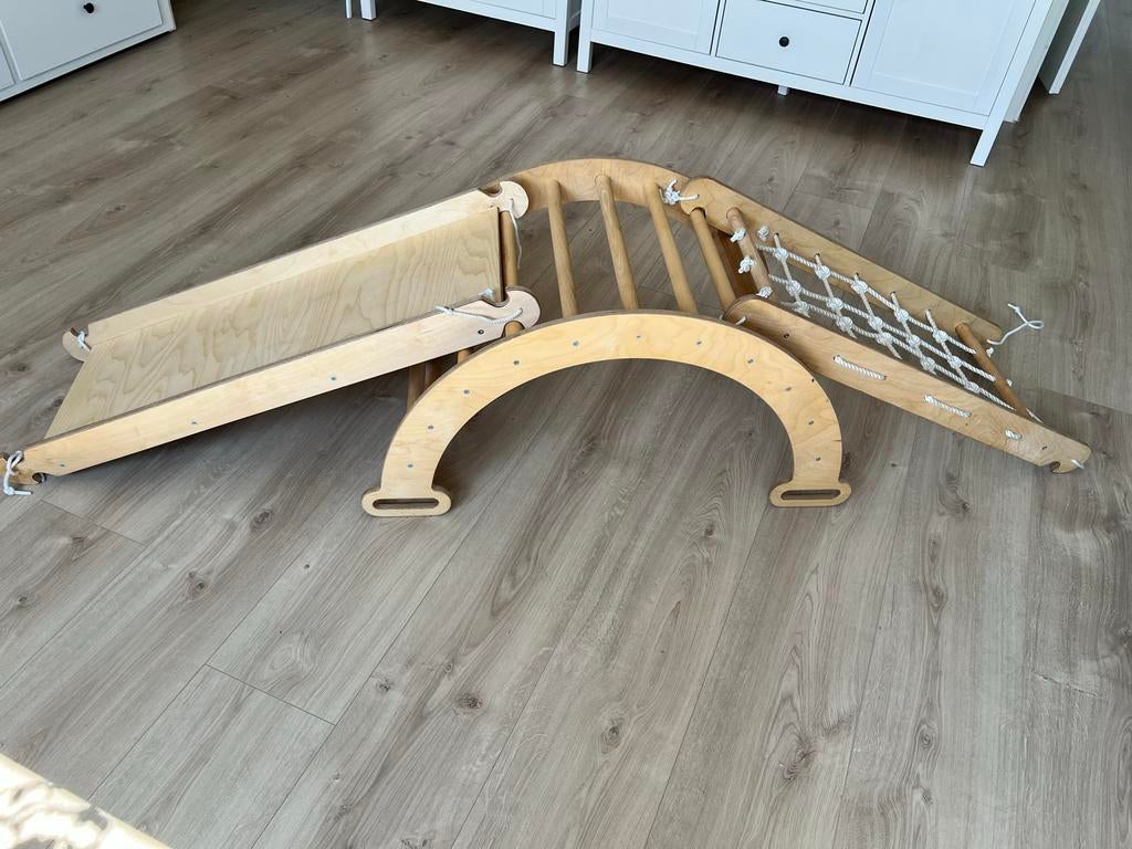 Houten Klimrek met Glijbaan en Klimnet - Montessori Speelgoe, Kinderen en Baby's, Speelgoed | Buiten | Speeltoestellen, Ophalen