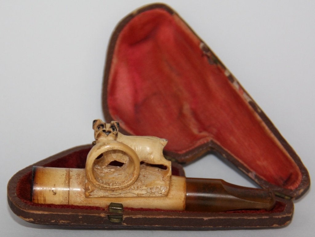 Franse meerschuimpijp circushond, periode 1860/1880, Ophalen of Verzenden, Gebruikt, Tabaksdoos of Verpakking