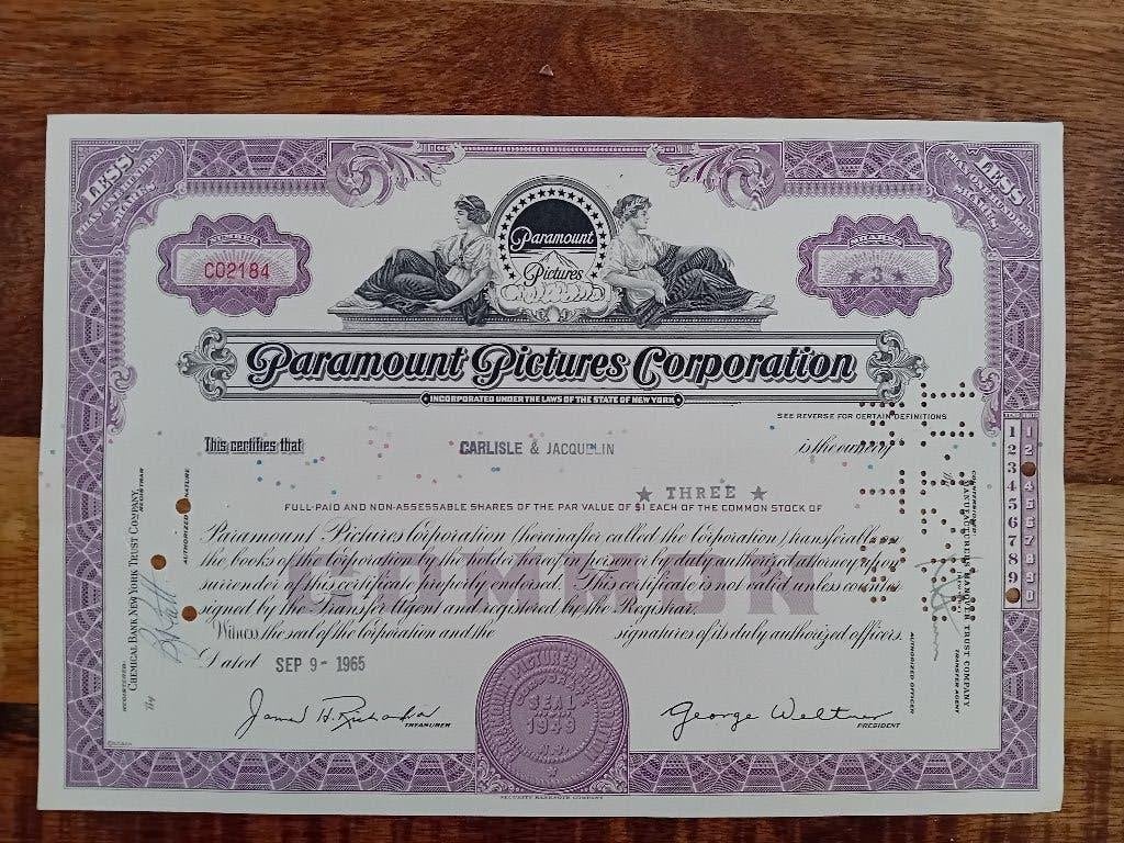 Aandeel Paramount Pictures - 1965, Ophalen of Verzenden, Foto of Kaart
