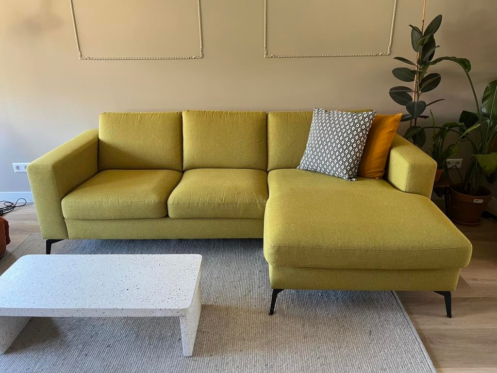 Mooie groene drie zits bank met longchair, Ophalen, 75 tot 100 cm, Driepersoons, 200 tot 250 cm