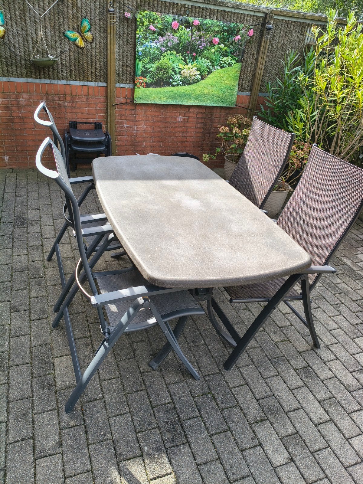 Tuintafel met hardstenen blad en 4 verstelbare stoel, Ophalen, Gebruikt, Overige materialen