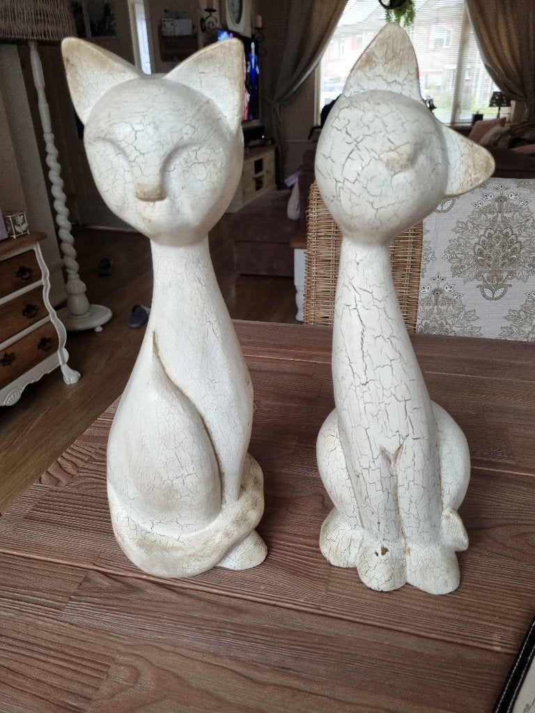 2 Mooie Grote Vintage Shabby Chic Houten Katten Poes Beelden, Verzenden, Gebruikt, Dier