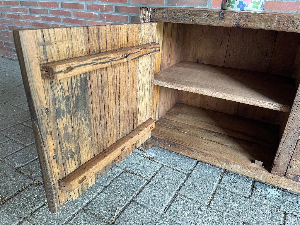 Uniek Tv-meubel Brent 200 cm van massief oud hout voorraad, 1 of 2 laden, 150 tot 200 cm, Nieuw, Ophalen of Verzenden