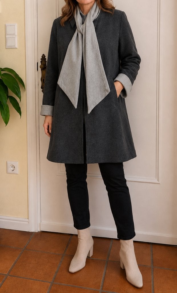 Delmod mantel van wol met kasjmier maat L/XL, Ophalen of Verzenden, Grijs, Gedragen, Maat 46/48 (XL) of groter