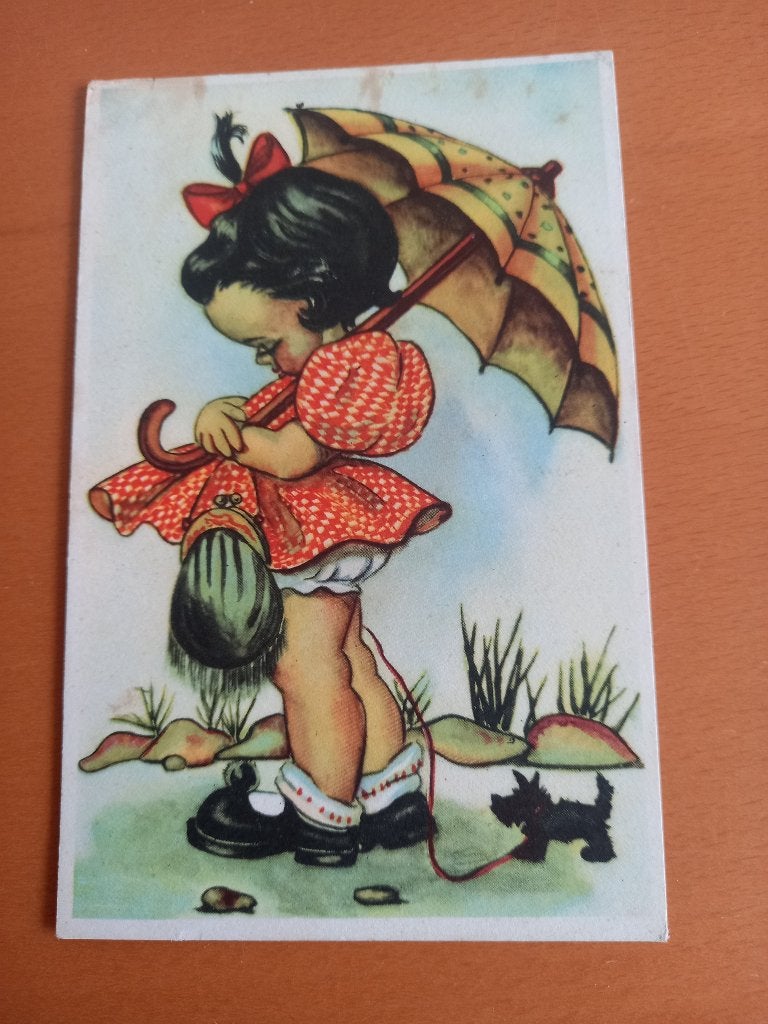 Meisje met paraplu, Ophalen of Verzenden, 1940 tot 1960, Gelopen, Kinderen