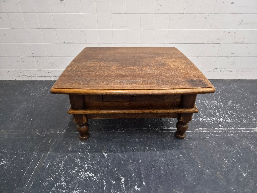 Massief donker eiken salontafel met lade, Ophalen, Gebruikt, 50 tot 100 cm, 50 tot 100 cm