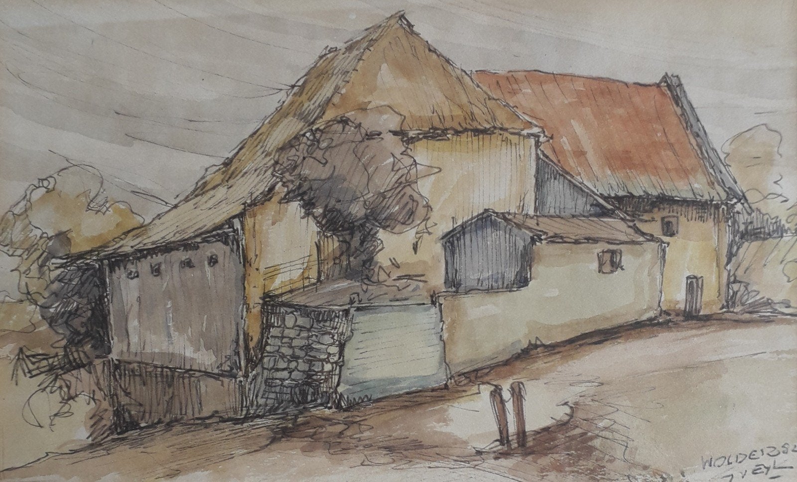 OUDE BOERDERIJ IN WOLDER (MAASTRICHT) ➡️ STIJL CHARLES EYCK, Ophalen of Verzenden, Ingelijst, Aquarel