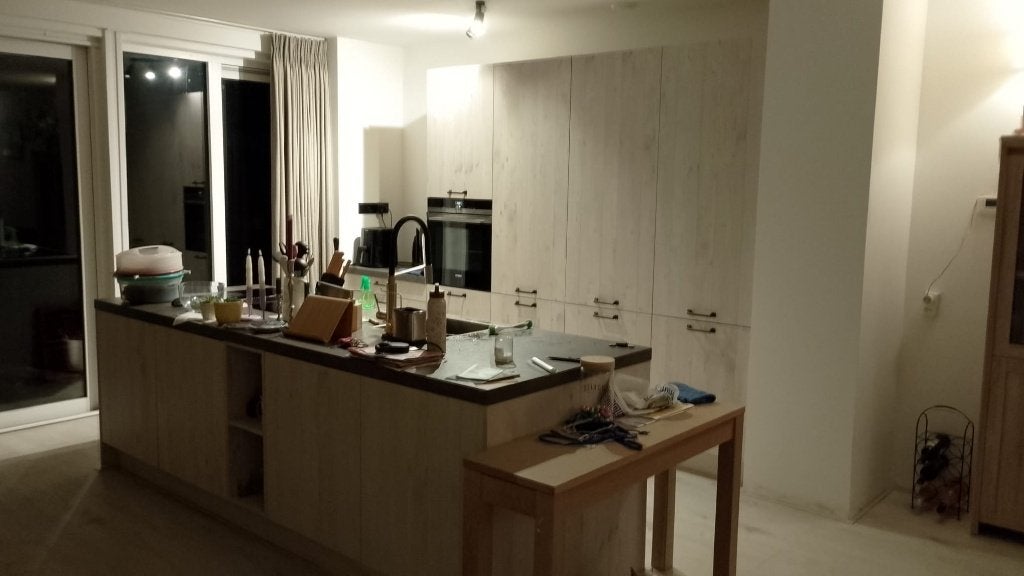 Moderne houtkleurige  eilandkeuken +apparaten GEDEMONTEERD, Overige kleuren, Overige typen, Ophalen of Verzenden, Zo goed als nieuw