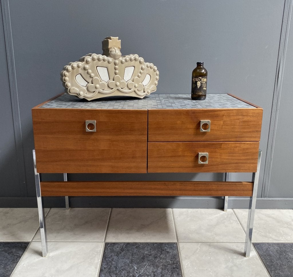 70 jaren hal bijzet tv kastje grijs chroom poot 2 la klep, Gebruikt, 1 of 2 laden, Vintage, 50 tot 100 cm
