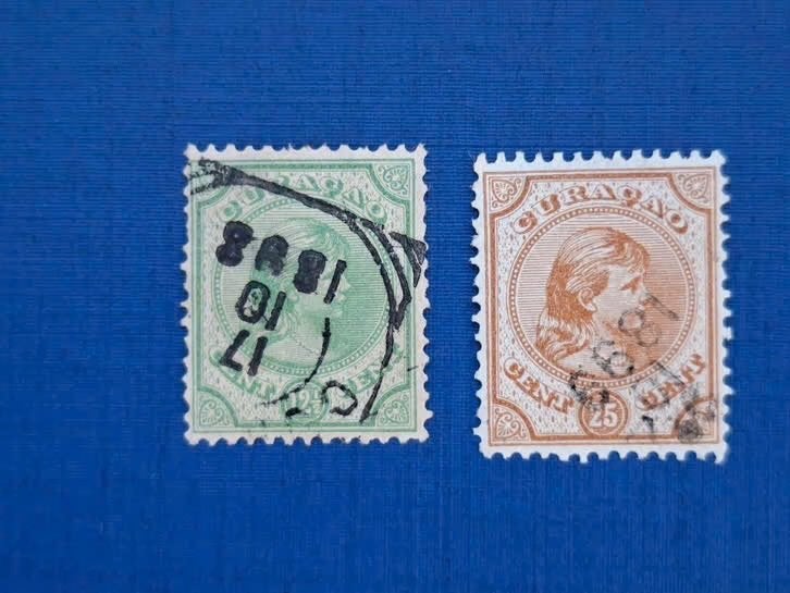 Postzegel Curacao 1892 2 zegels Kon. Wilhelmina 08-07, Ophalen of Verzenden, Gestempeld
