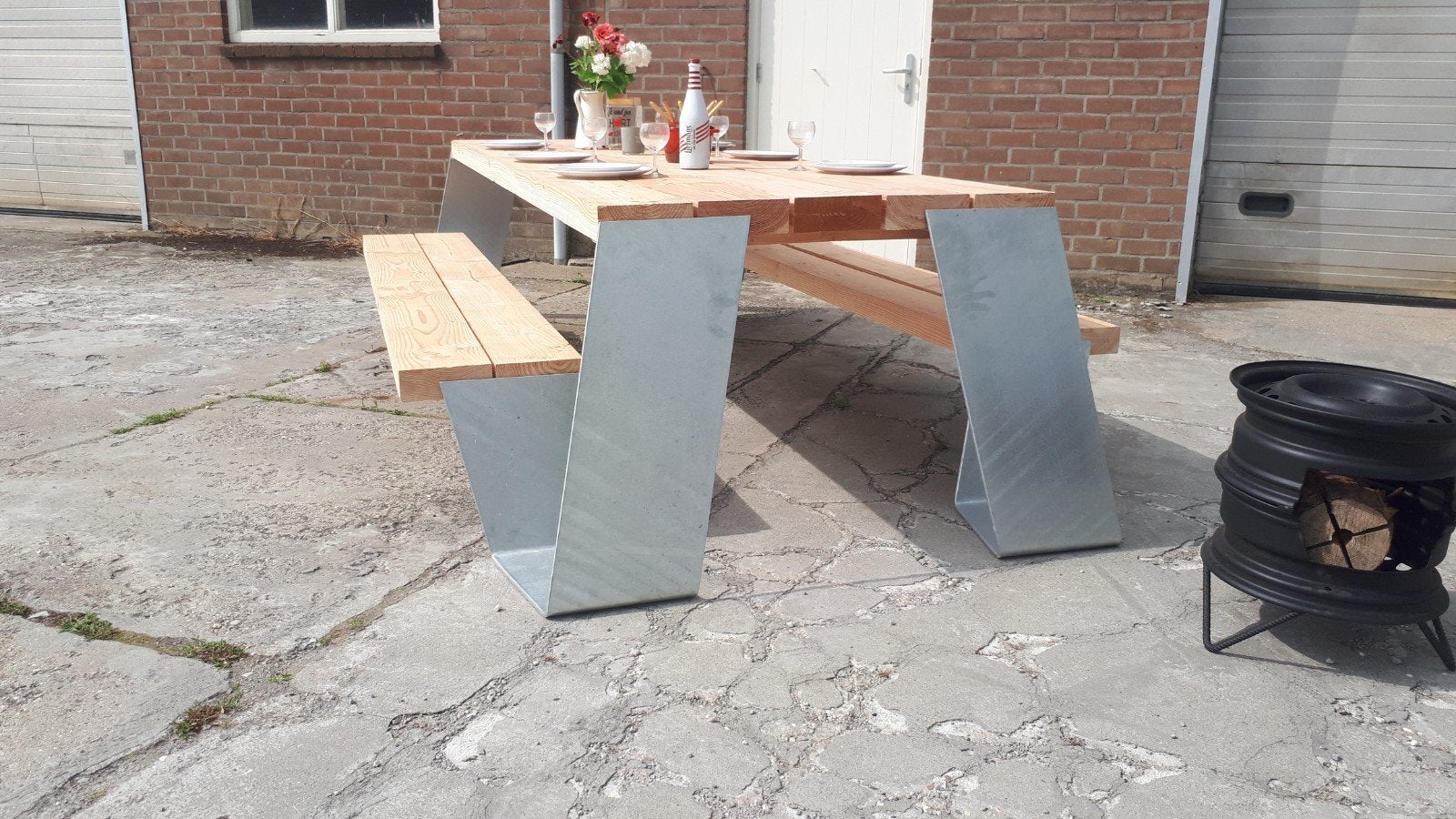 Industriële metal design Douglas picknick bank steigerhout, Ophalen of Verzenden