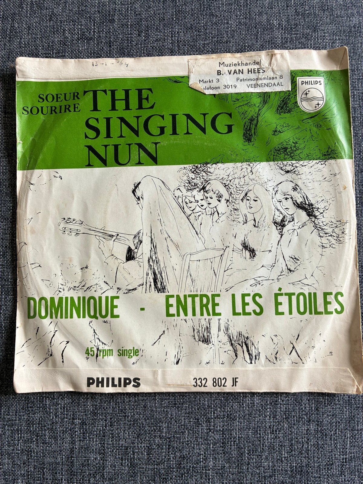 Soeur Sourire - The Singing Nun - Dominique - 45 toeren sing, Cd's en Dvd's, Vinyl Singles, Originele persing, 7 inch, Ophalen of Verzenden