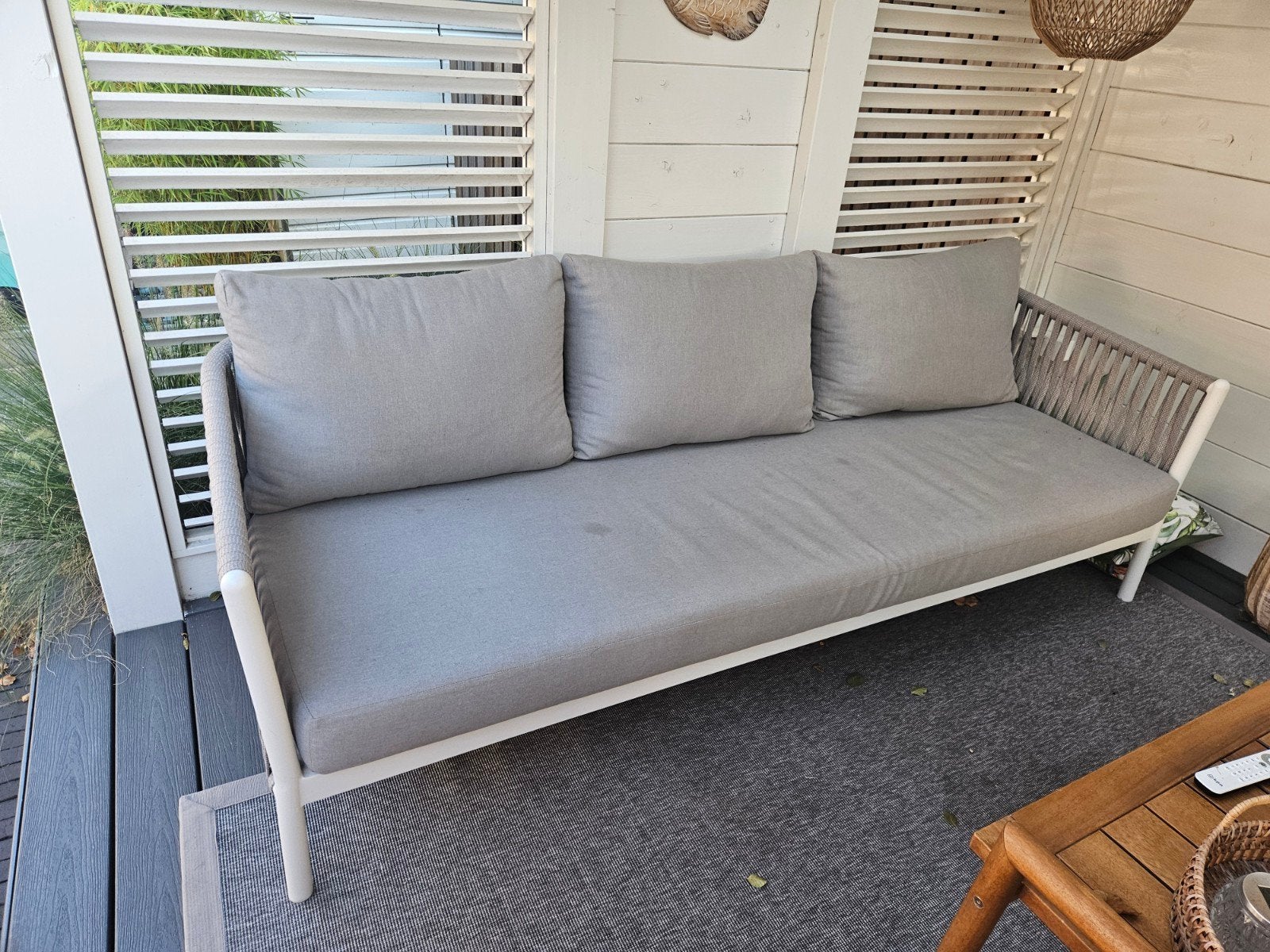Stijlvolle grijze loungebank met kussens (225x90 cm), Ophalen, Gebruikt, Modern, Lounge, Stof