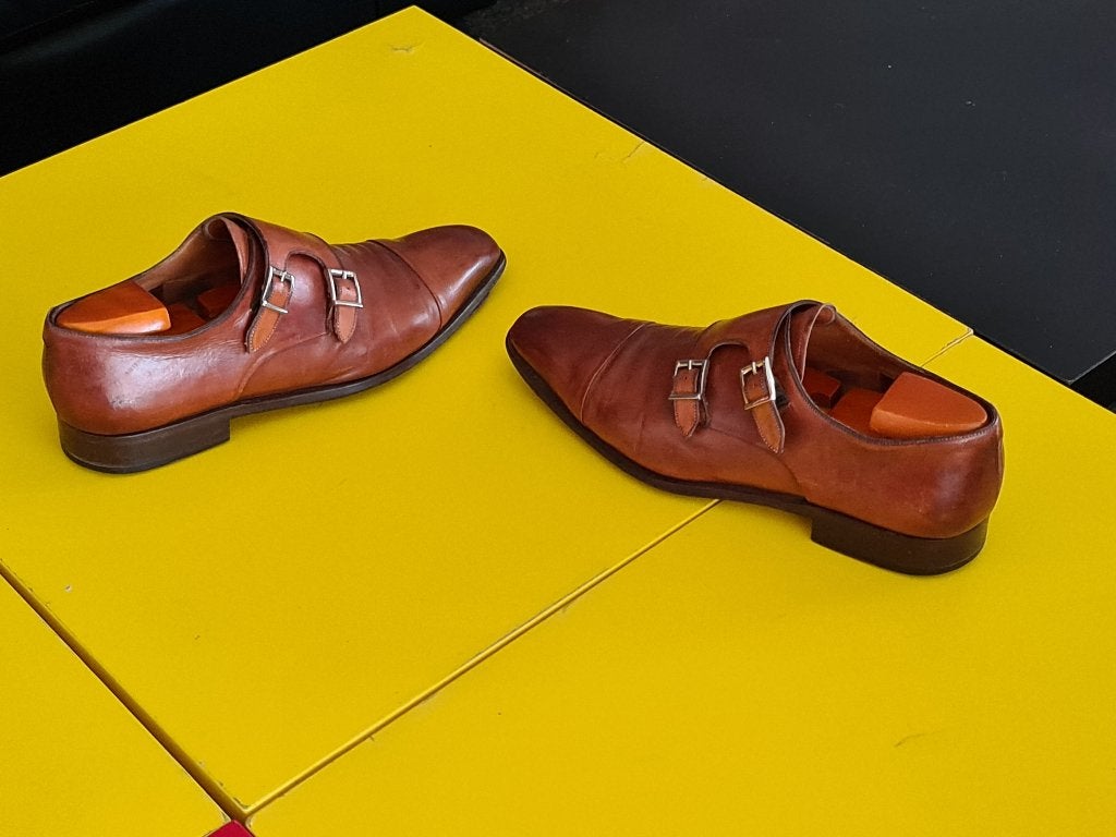 Prachtige Santoni schoenen met 2  gesp en Cognac kleur 41/5, Ophalen, Bruin, Santoni, Gespschoenen