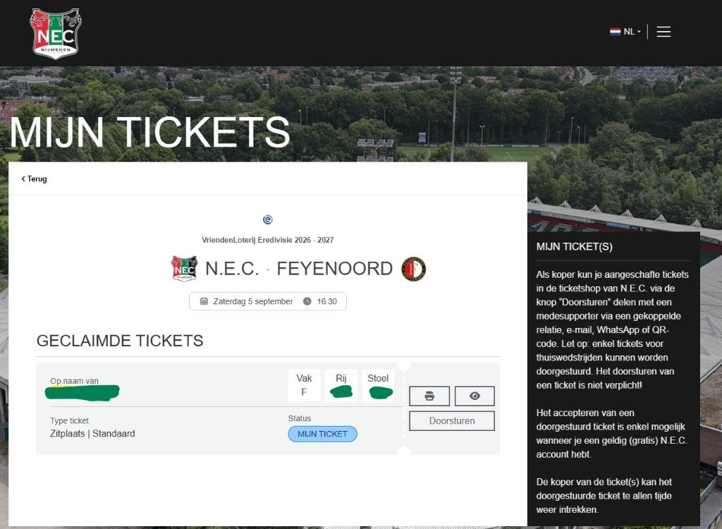 NEC – Feyenoord Ticket | Vak F | Lange Zijde | 5 sept 2026, Groter dan maat XL, Ophalen of Verzenden, Nieuw, Clubaccessoires