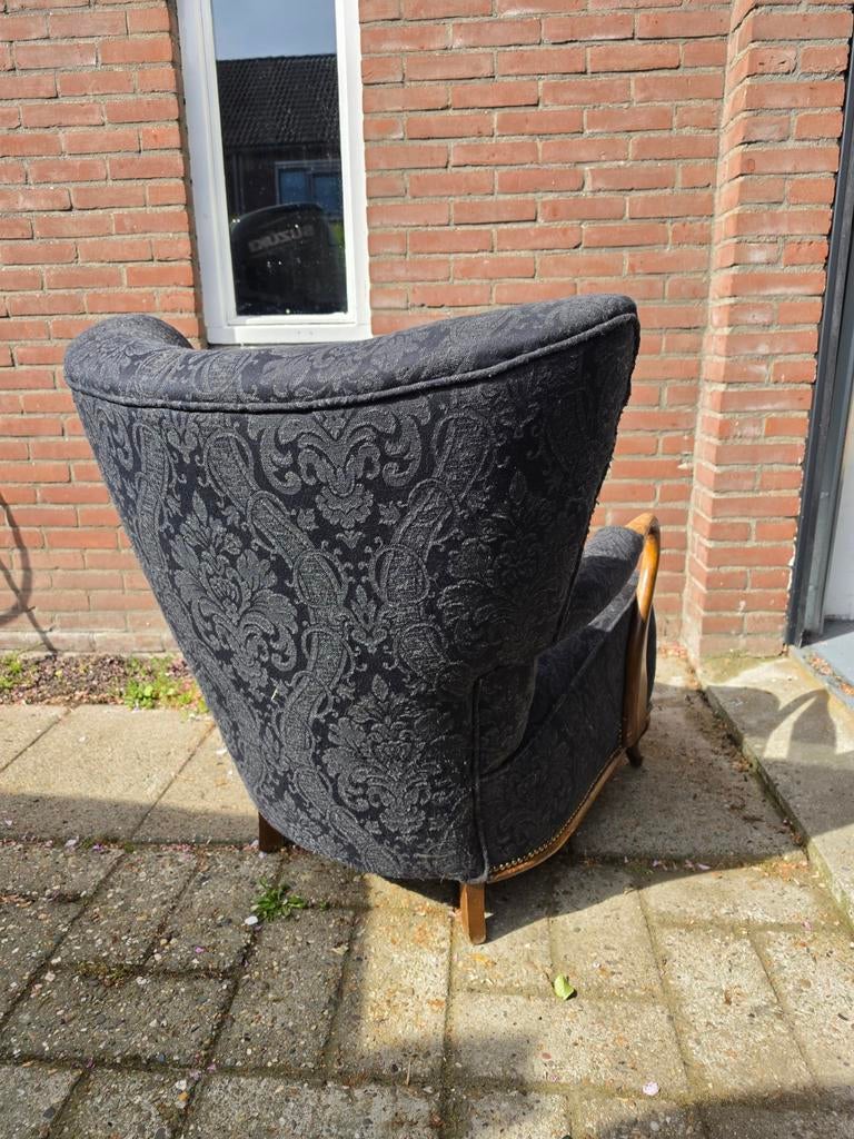 Vintage Fauteuil met Donkergrijs Paisley Motief, Ophalen, Gebruikt, Stof, 75 tot 100 cm