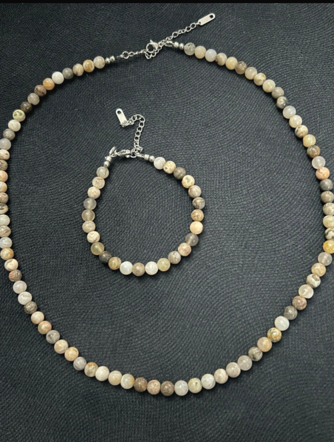 Sieraden set ketting en armband Bamboe Agaat, Sieraden, Tassen en Uiterlijk, Kettingen, Ophalen of Verzenden, Nieuw, Zilver, Overige materialen