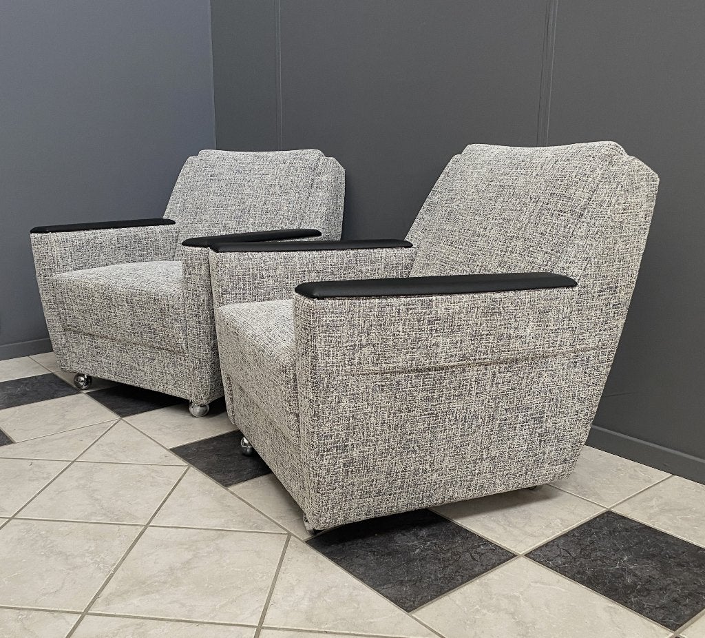 60 jaren opnieuw bekleed grijze stof set fauteuils op wielen, Ophalen, Vintage, 75 tot 100 cm, Zo goed als nieuw