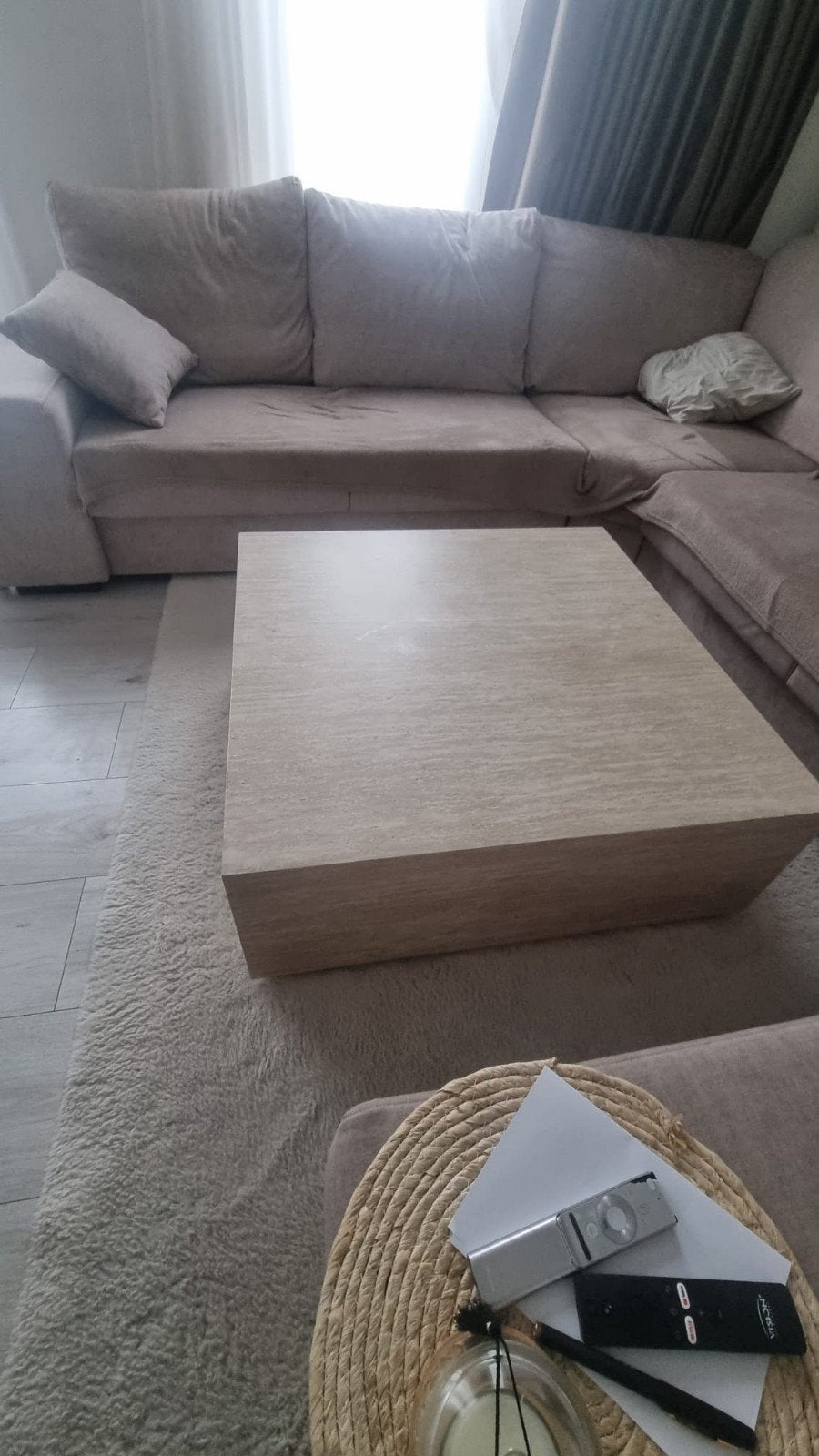 Moderne salontafel - vierkant, licht hout, Ophalen, Gebruikt, 50 tot 100 cm, Vierkant