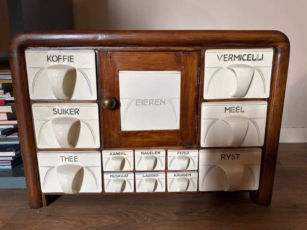 Vintage kruidenrekje met porseleinen bakjes, Ophalen