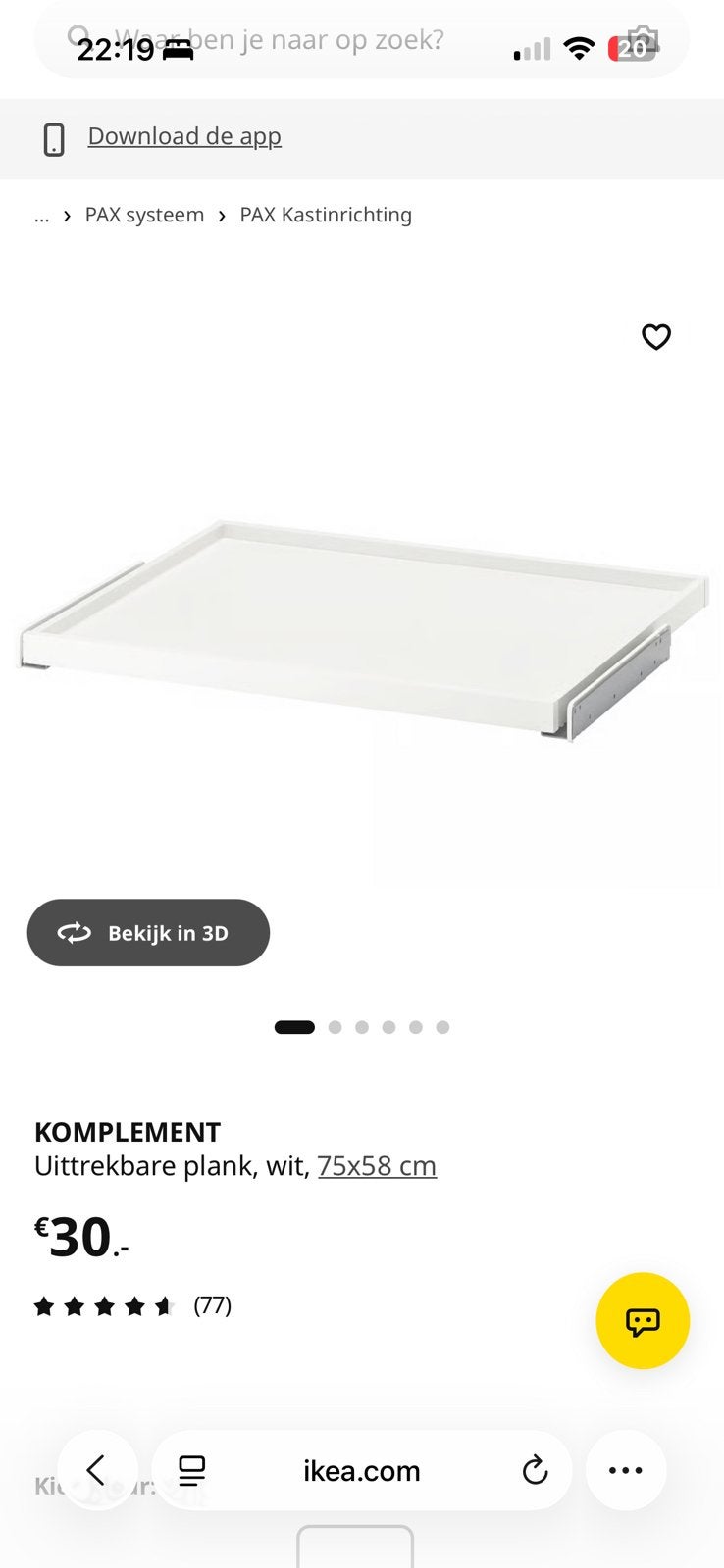 Pax uittrekbare plank 75 cm breed, Ophalen, 50 tot 100 cm, Zo goed als nieuw, Minder dan 100 cm