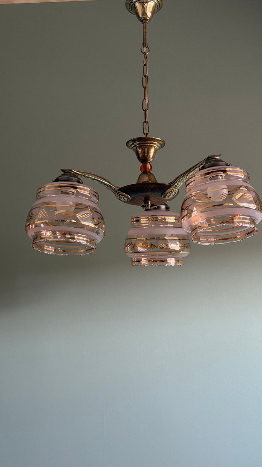 Vintage Franse art deco lamp kroonluchter hanglamp, Gebruikt, Glas, Frans, art deco, E27 (groot)