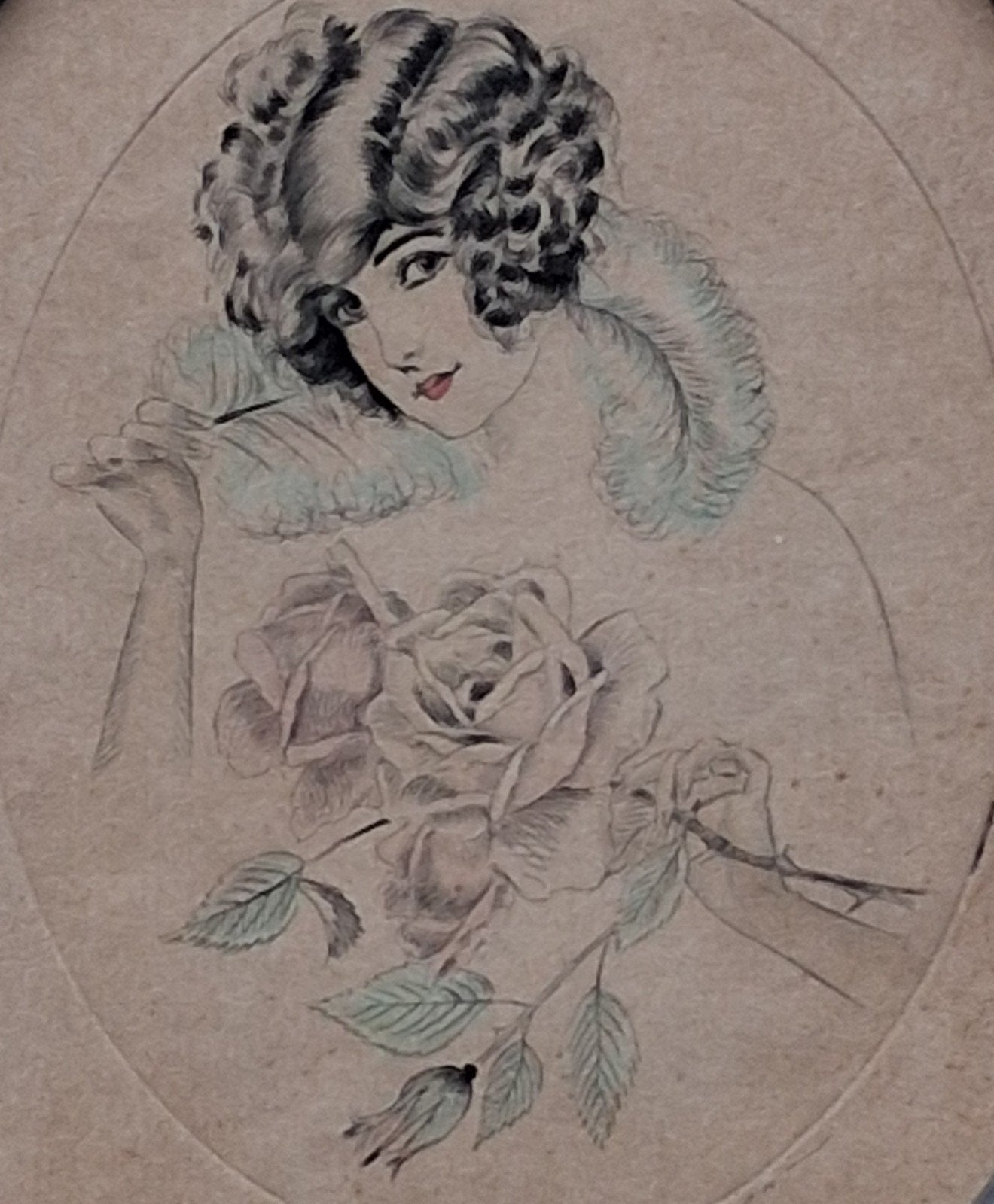 Jongedame. Gekleurde ets. Ca 1900. 25.5/32 cm., Antiek en Kunst, Ophalen, Ets, Gesigneerd, Portret