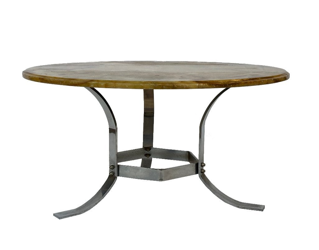 Vintage salontafel steen onyx chrome jaren 70 design, Gebruikt, 100 tot 150 cm, Rond, 50 tot 100 cm