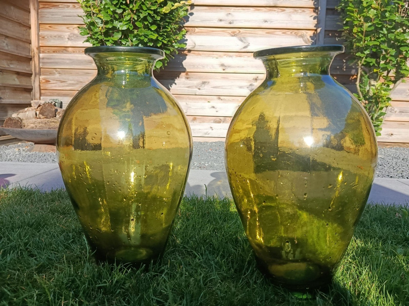 Mooie Grote Groene Glazen vazen, set van 2 stuks, Ophalen, Zo goed als nieuw, Glas, 45 cm
