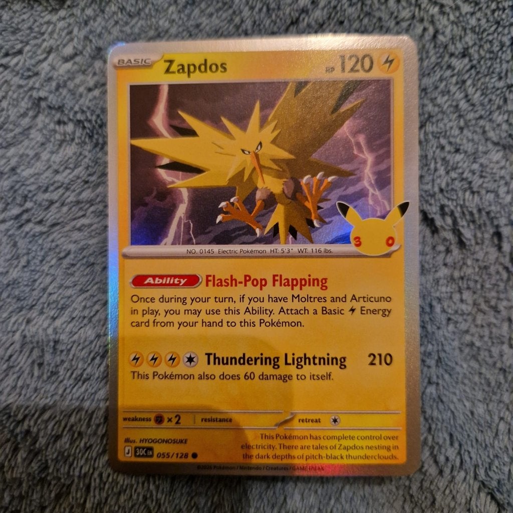 Zapdos 055/128 Pokémon 30th Celebration holo, Ophalen of Verzenden, Zo goed als nieuw, Losse kaart, Foil