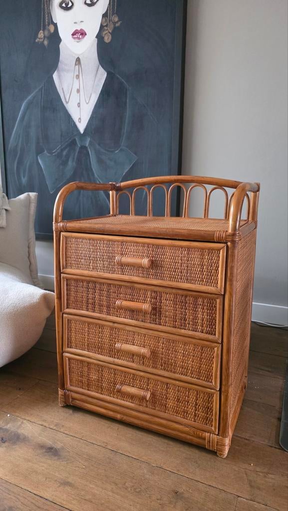 vintage rotan ladenkastje/retro opbergmeubel, 3 of 4 laden, Ophalen, Gebruikt, Overige materialen