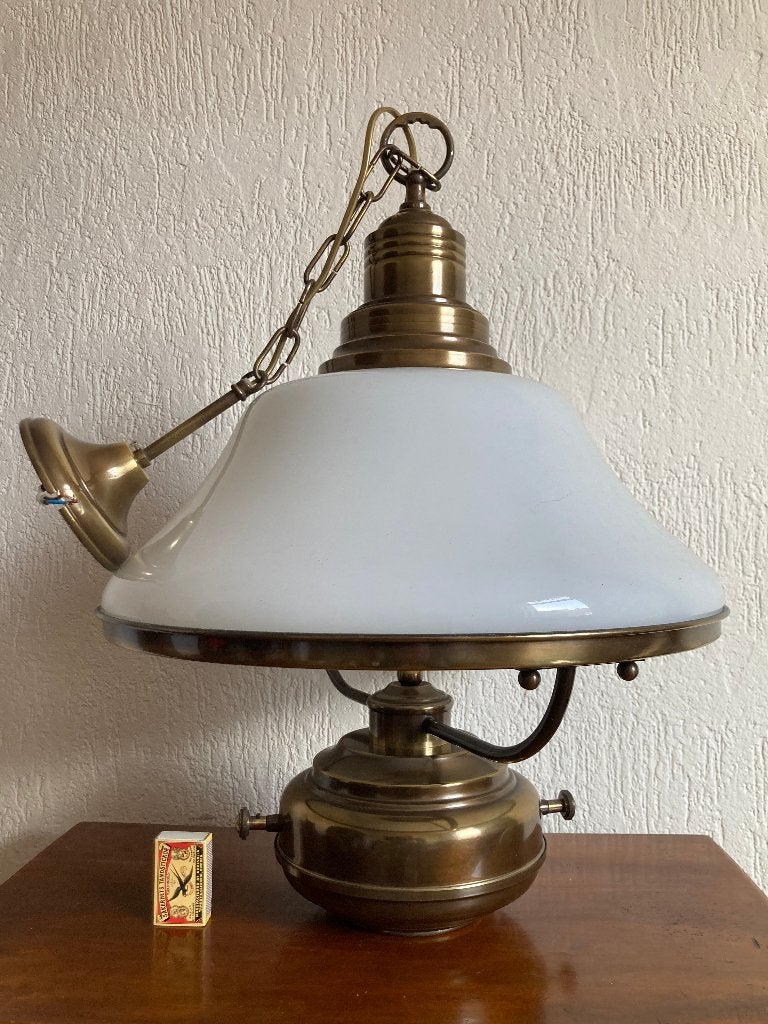 Antiek cottage koper brons glazen olielamp met twee lampen, Ophalen of Verzenden