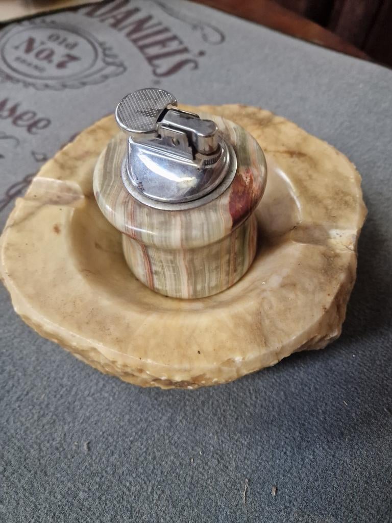 Vintage albast/ onyx marmeren rookset asbak+ tafelaansteker, Verzamelen, Ophalen, Gebruikt
