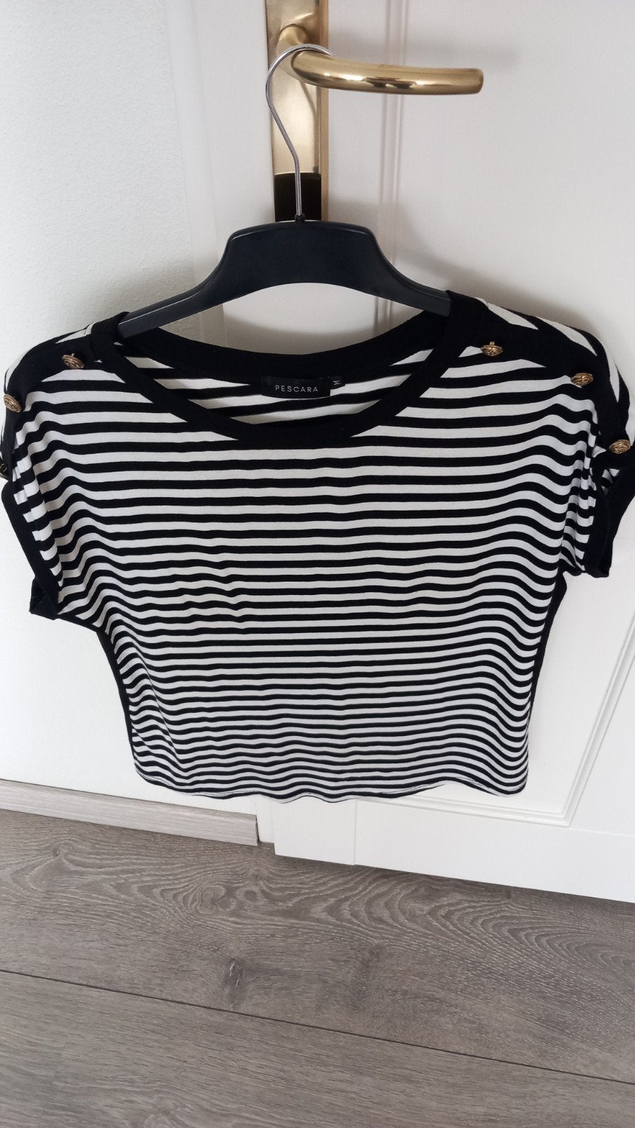 MOOI ZWART/WIT GESTREEPT*PRESCARA*SHIRT MET GOUDEN KNOPEN, Maat 38/40 (M), PRESCARA., Zwart, Ophalen of Verzenden