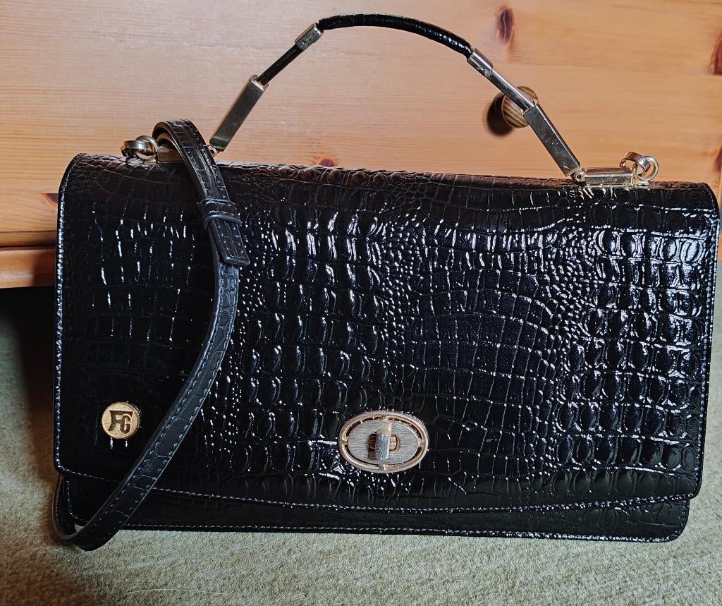 Prachtige vintage jaren '60 faux croco leather handtas, Ophalen of Verzenden, Zo goed als nieuw, Zwart, Handtas
