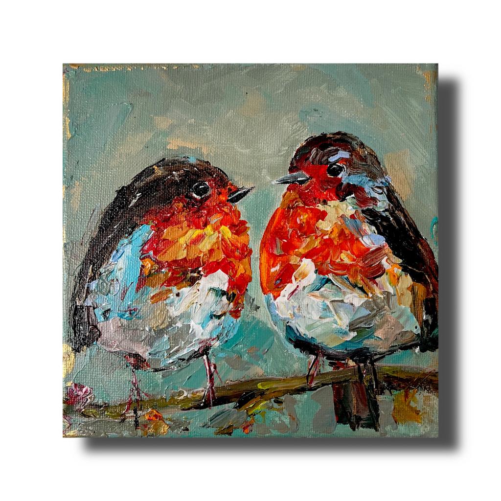 Twee roodborstjes ~ schilderij ~ kleintje kunst ~ atelier, Ophalen of Verzenden, Schilderij, Minder dan 50 cm