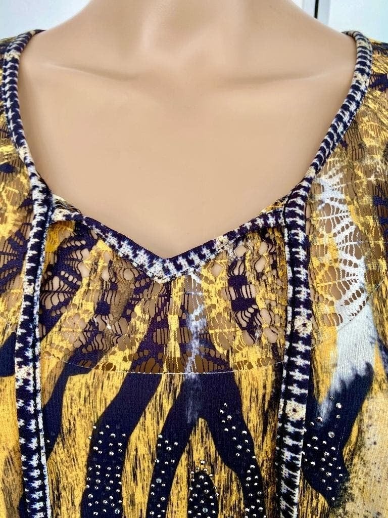 H454 Missy: maat L=40 blouse tuniek top geel/wit zwart, Maat 38/40 (M), Geel, Missy, Ophalen of Verzenden