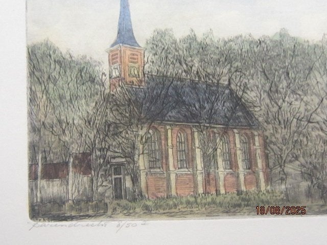 Losse ingekleurde ets van de Kerk van Barendrecht H.W.BIJL, Antiek en Kunst, Ophalen, Architectuur, Ets, 1950 - 1999