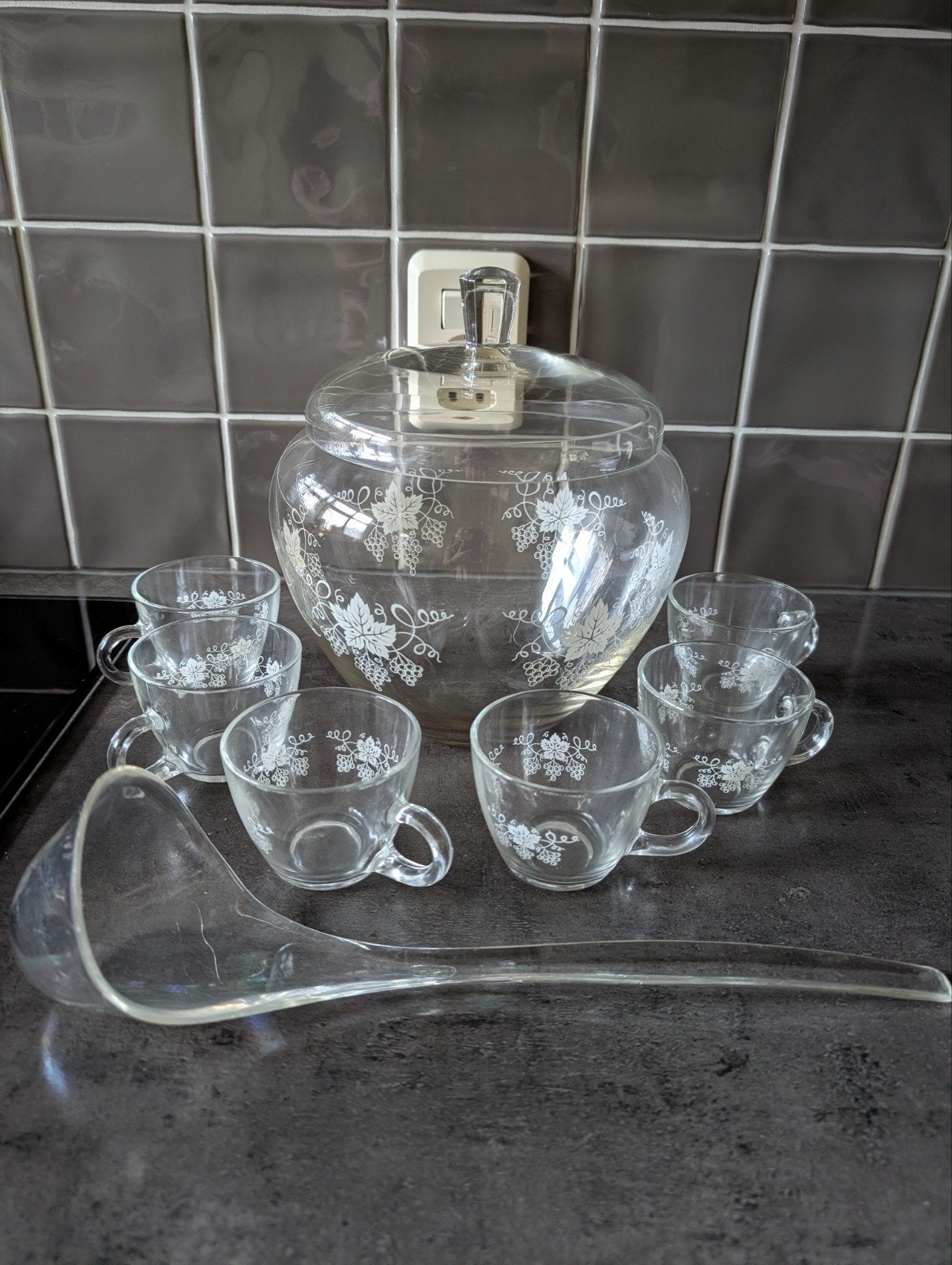 Glazen bowlstel met 6 kommen en deksel, Ophalen, Kom(men), Overige stijlen, Glas
