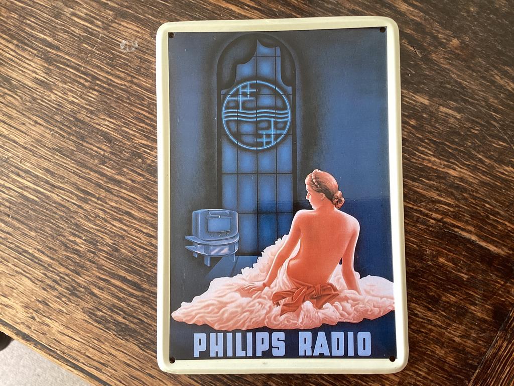 Philips Radio Reklame bord van toen // 15.5x11 cm, Ophalen of Verzenden, Zo goed als nieuw, Reclamebord