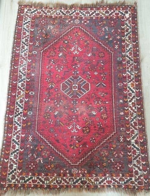 Antieke ca.1950's Perzisch tapijt handgeknoopt - Shiraz, Rood, Gebruikt, 100 tot 150 cm, Ophalen of Verzenden
