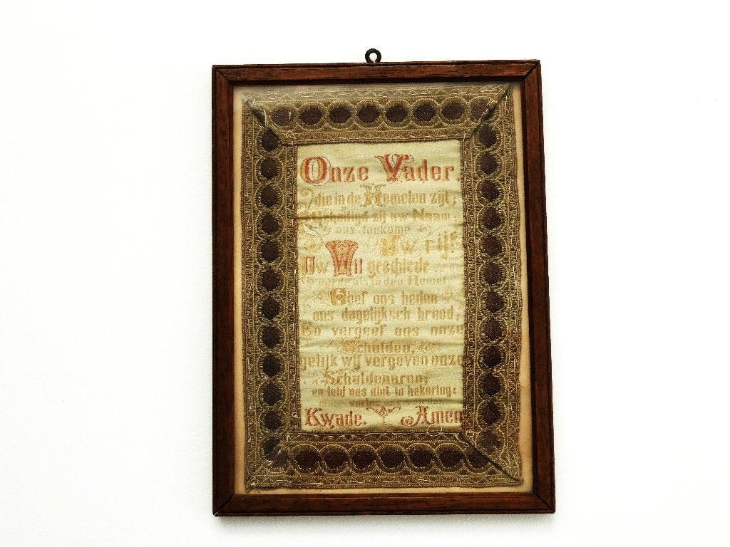 Antiek Onze Vader borduurwerk brocaat lint en gouddraad 1850, Ophalen of Verzenden
