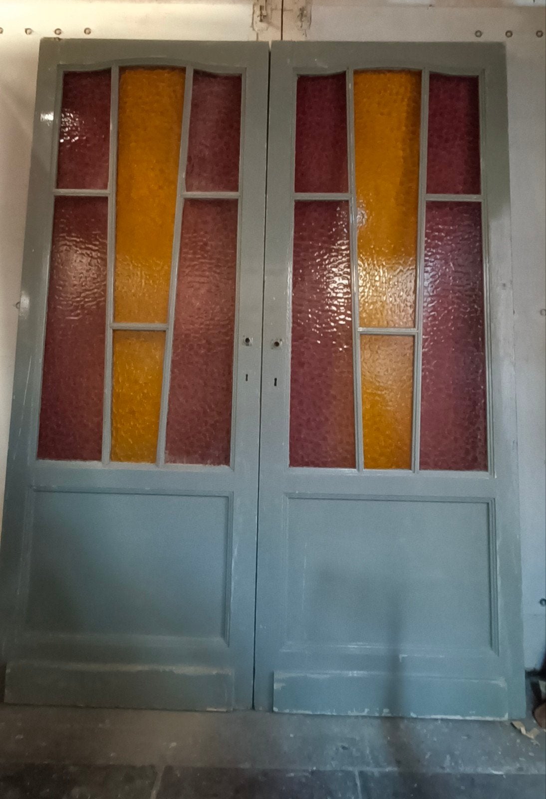 Antieke glas in lood deuren met wolken glas. 3x, Ophalen, 120 cm of meer, Binnendeur, Glas