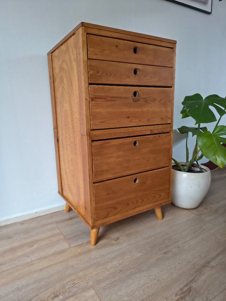 Vintage Grenen Ladekast (5 lades) – Scandinavisch, Huis en Inrichting, Minder dan 50 cm, Onbekend, Ophalen of Verzenden, Zo goed als nieuw