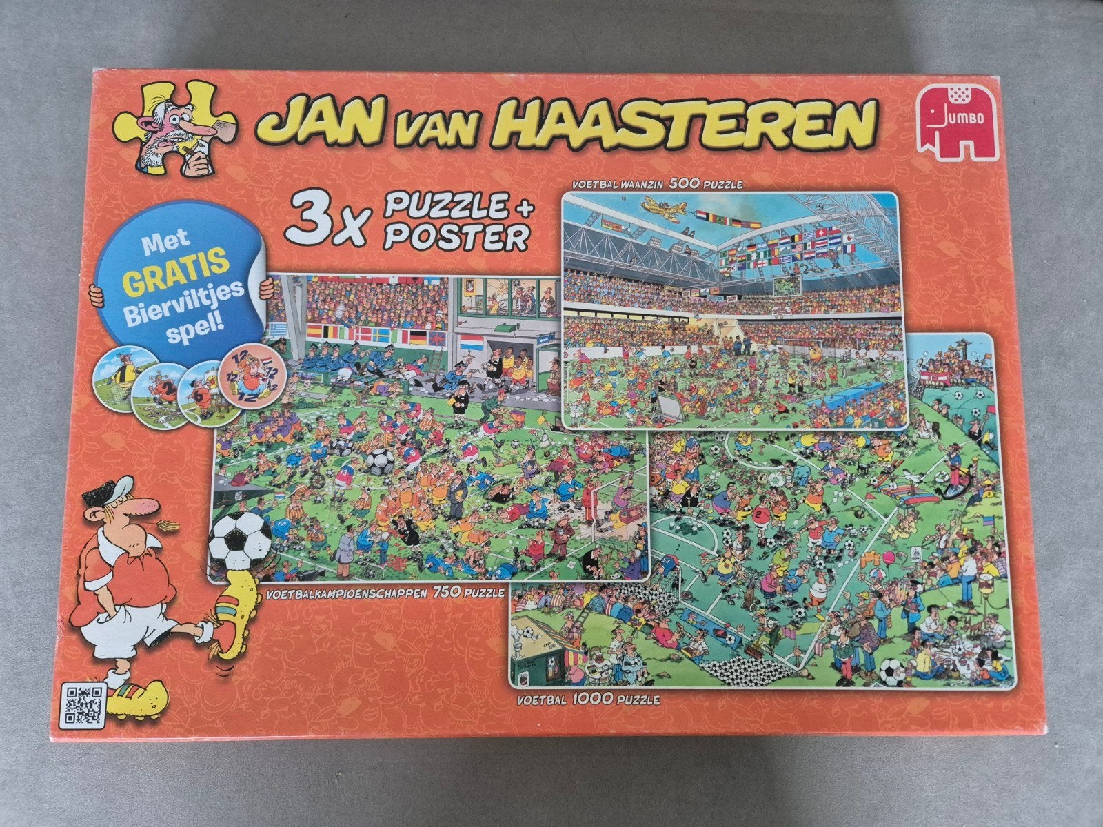 Jan van Haasteren 3-in-1 Voetbal puzzels, Ophalen of Verzenden, 500 t/m 1500 stukjes, Gebruikt, Legpuzzel