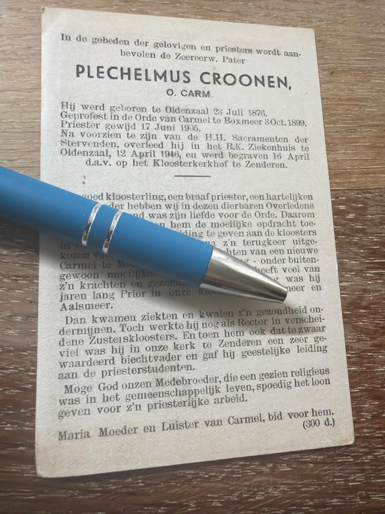 Croonen Plechelmus 1876 Oldenzaal 1946 Zenderen priester, Ophalen of Verzenden, Bidprentje