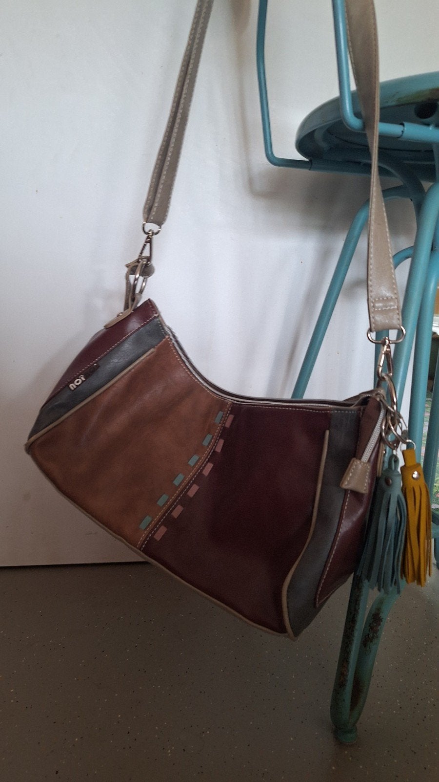 Noi Noi Hand/Schoudertas Cognac Patchwork Vegan Leer, Ophalen of Verzenden, Zo goed als nieuw, Bruin, Handtas