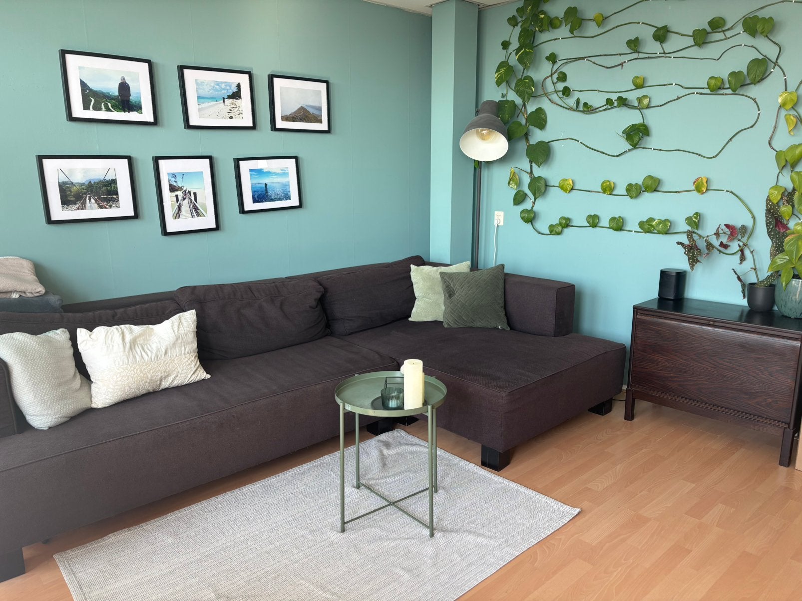 Donkerbruine hoekbank - 305 x 175 cm, Huis en Inrichting, Banken | Bankstellen, Ophalen, Gebruikt, Hoekbank, 300 cm of meer