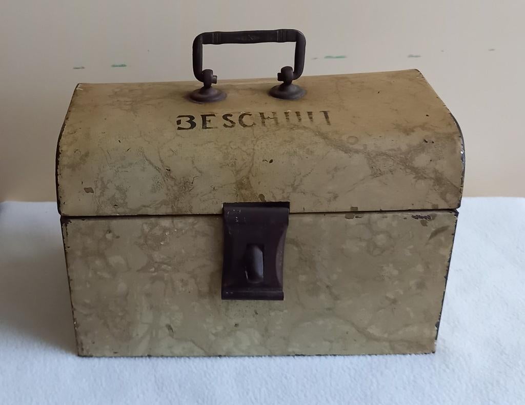 Beschuitblik Trommel van blik (ca. 1890-1910), Verzamelen, Blikken, Verzenden, Gebruikt, Beschuit